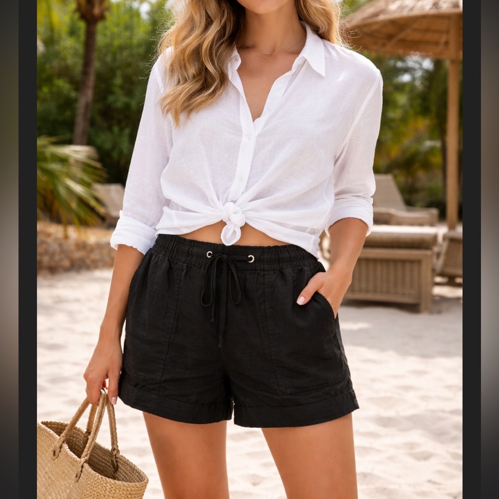 KUT From The Kloth Black Linen Blend Drawstring Shorts L Casual Summer